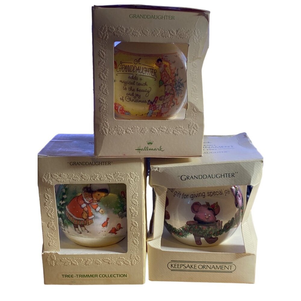 3 Hallmark Granddaughter Satin Christmas Ornaments Dated 1979 1981 1982 Box VTG